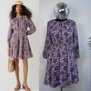 J.Crew Palermo Smocked Waist Mini Dress Floral Paisley 100% Linen, Size XS Boho